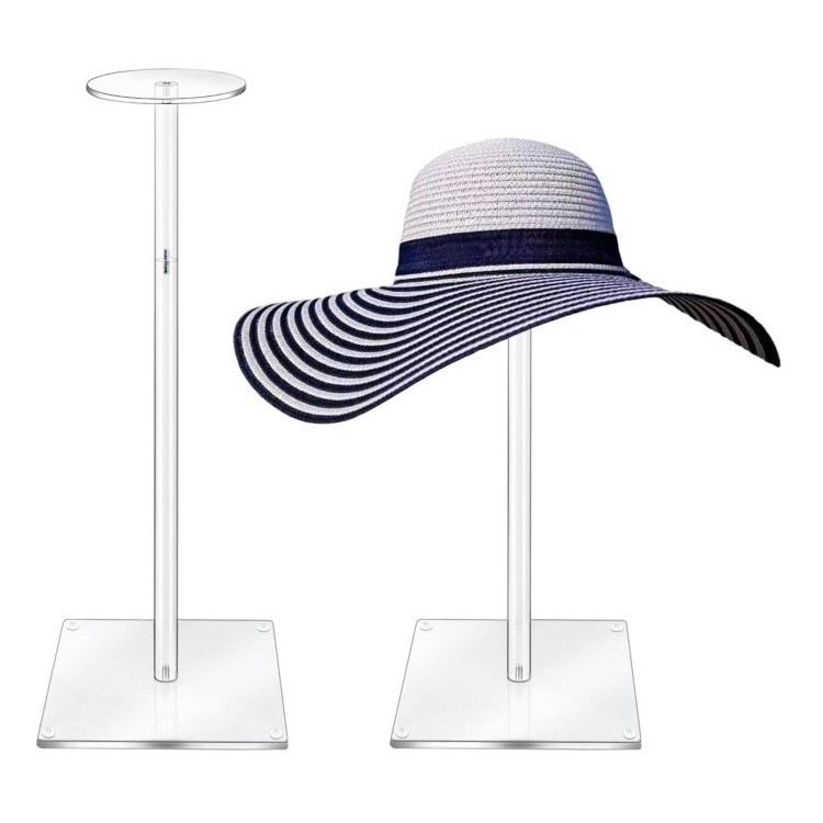 Acrylic Hat Stand and Wig Display Rack 2pcs Clear Hat Stands for Display Adjustable Height Hat Holder Square Barbell Base