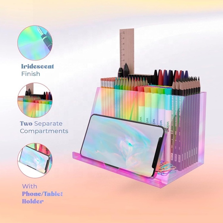 Simple Iridescent Acrylic Pen Holder with 2 Compartments Acrylic Desk Accessories Pencil Holder Makeup Brush holder for office