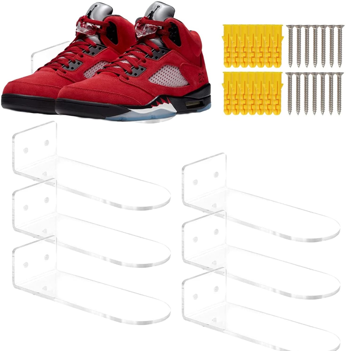 BOSN Floating Shoe Shelves for Wall Set of 6 Clear Acrylic Shoe Display Shelves Wall Mounted Shoe Rack to Showcase Sneakers