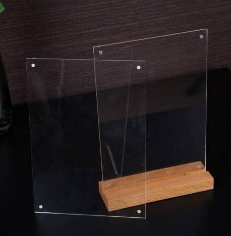 Factory Custom T Shape Acrylic Menu Display Stand Wooden Base Acrylic Sign Holder