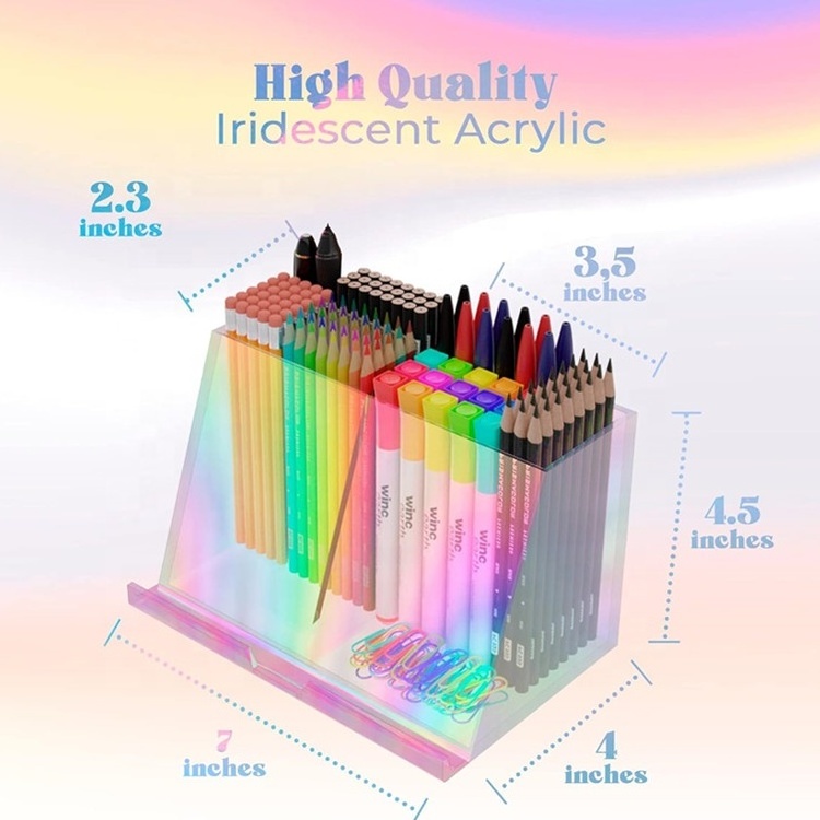 Simple Iridescent Acrylic Pen Holder with 2 Compartments Acrylic Desk Accessories Pencil Holder Makeup Brush holder for office