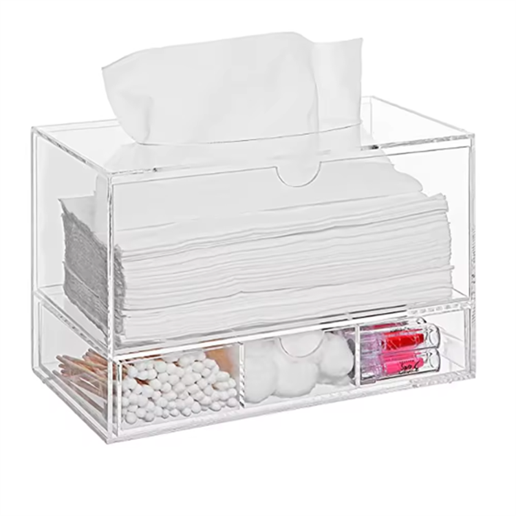 Clear Acrylic Tissue Boxes Holder, Rectangle Dispenser Tissue Box Cover with draw for Bathroom, Bedroom Dresser, Countertop