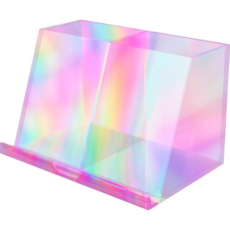 Acrylic Pen Holder Iridescent Office Desk Organizers Desk Organizer with Two Compartments Built in Phone Tablet Stand