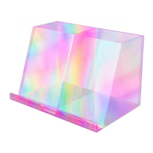 Simple Iridescent Acrylic Pen Holder with 2 Compartments Acrylic Desk Accessories Pencil Holder Makeup Brush holder for office