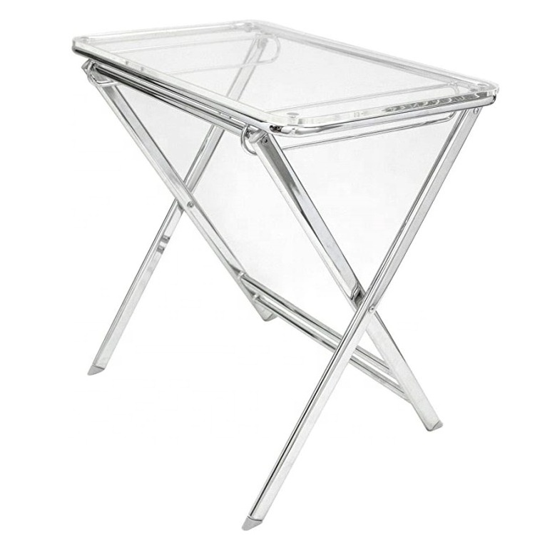 Modern Folding Side Table Accent Sofa End Acrylic Clear Table Tray Stackable Acrylic Square End Coffee Table with Chrome Legs