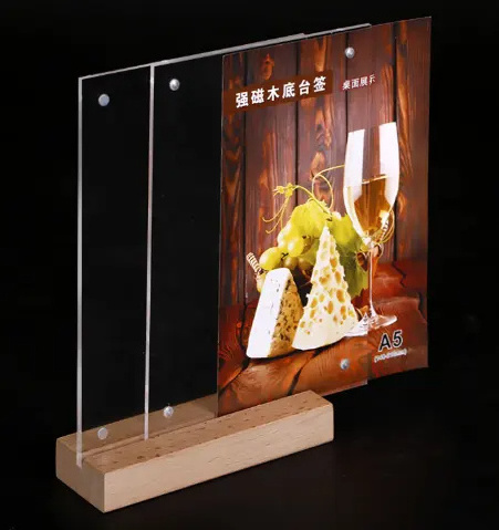 Factory Custom T Shape Acrylic Menu Display Stand Wooden Base Acrylic Sign Holder