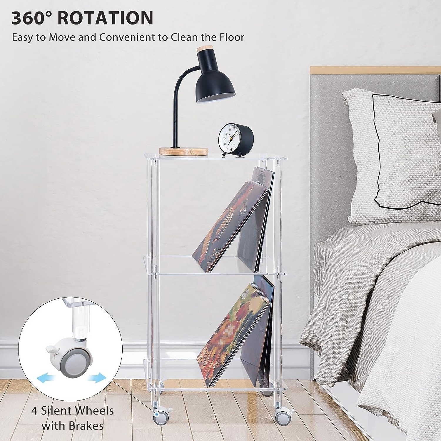 Modern Clear Acrylic Record Player Stand with Lockable Wheels Rolling 3 Tier Vinyl Record Storage Table for Living Room Bedroom