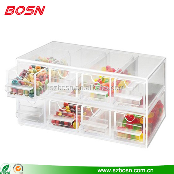 Graceful large acrylic candy cube display lucite perspex food storage cabinet with 8 drawer