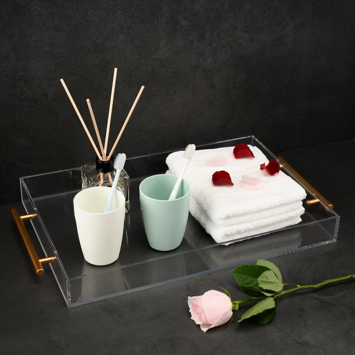 High Quality Simple Clear Acrylic Tray with Gold Silver Hangers Coffee Table Tray for Home Office Restaurant