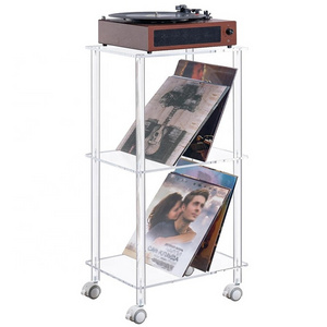 Modern Clear Acrylic Record Player Stand with Lockable Wheels Rolling 3 Tier Vinyl Record Storage Table for Living Room Bedroom