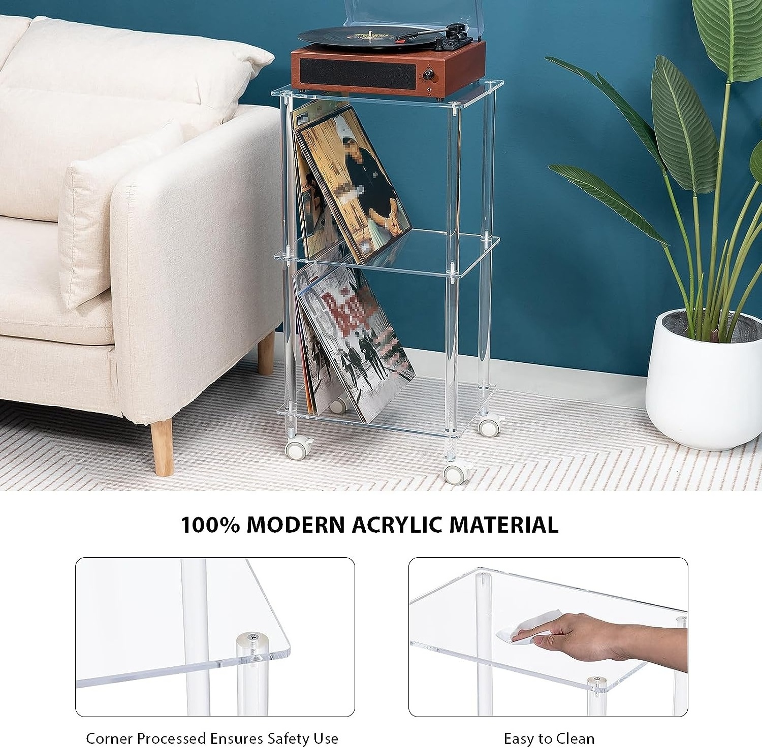 Modern Clear Acrylic Record Player Stand with Lockable Wheels Rolling 3 Tier Vinyl Record Storage Table for Living Room Bedroom