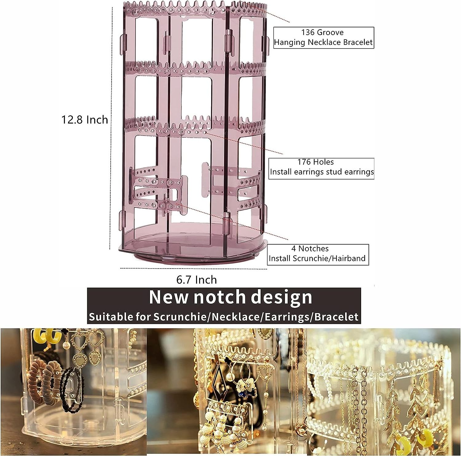 Purple Classic 360 Rotating Acrylic 4 Tiers Earring Display Stands Hanging Jewelry Rack Holder Display Stand