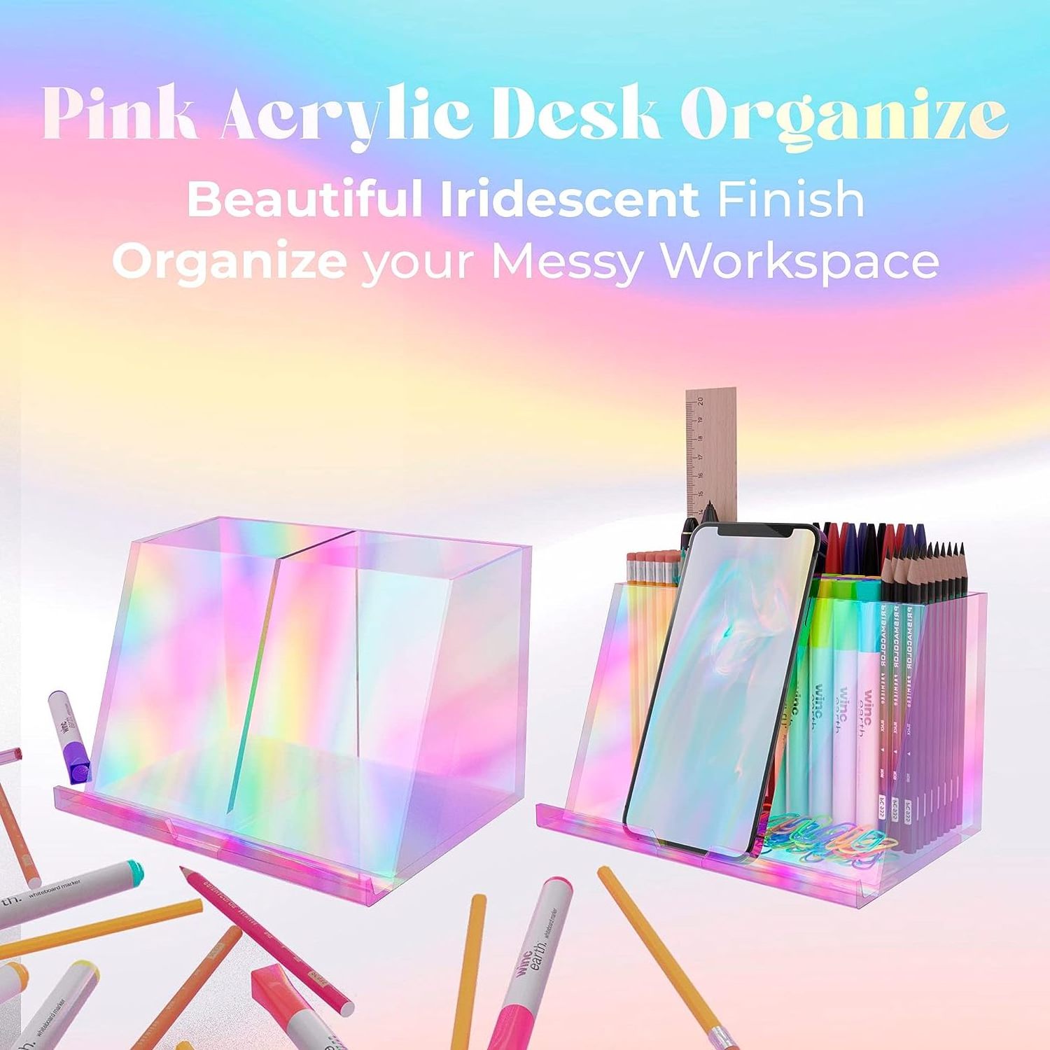 Acrylic Pen Holder Iridescent Office Desk Organizers Desk Organizer with Two Compartments Built in Phone Tablet Stand