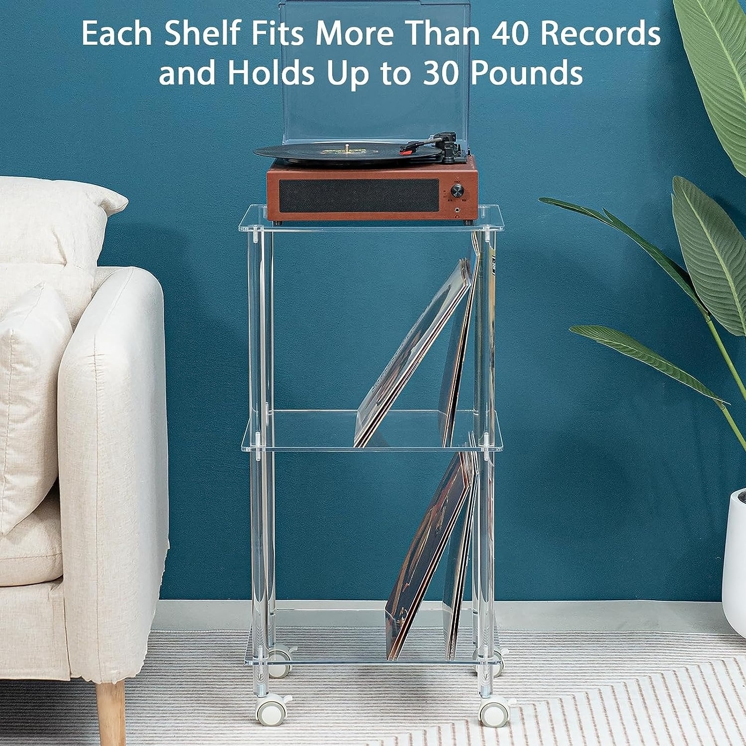 Modern Clear Acrylic Record Player Stand with Lockable Wheels Rolling 3 Tier Vinyl Record Storage Table for Living Room Bedroom