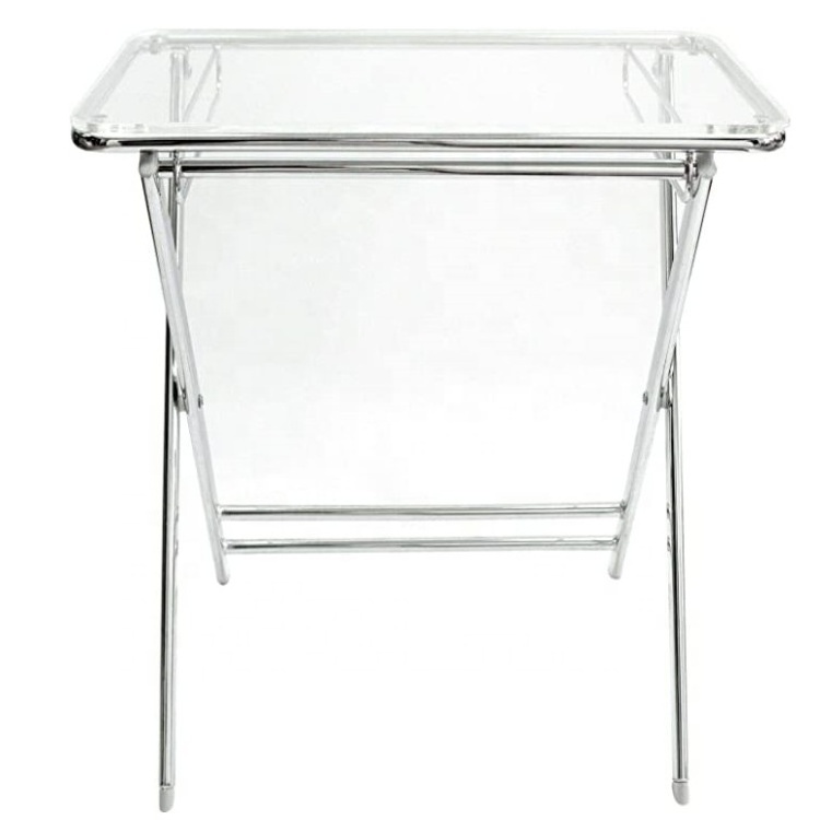 Modern Folding Side Table Accent Sofa End Acrylic Clear Table Tray Stackable Acrylic Square End Coffee Table with Chrome Legs