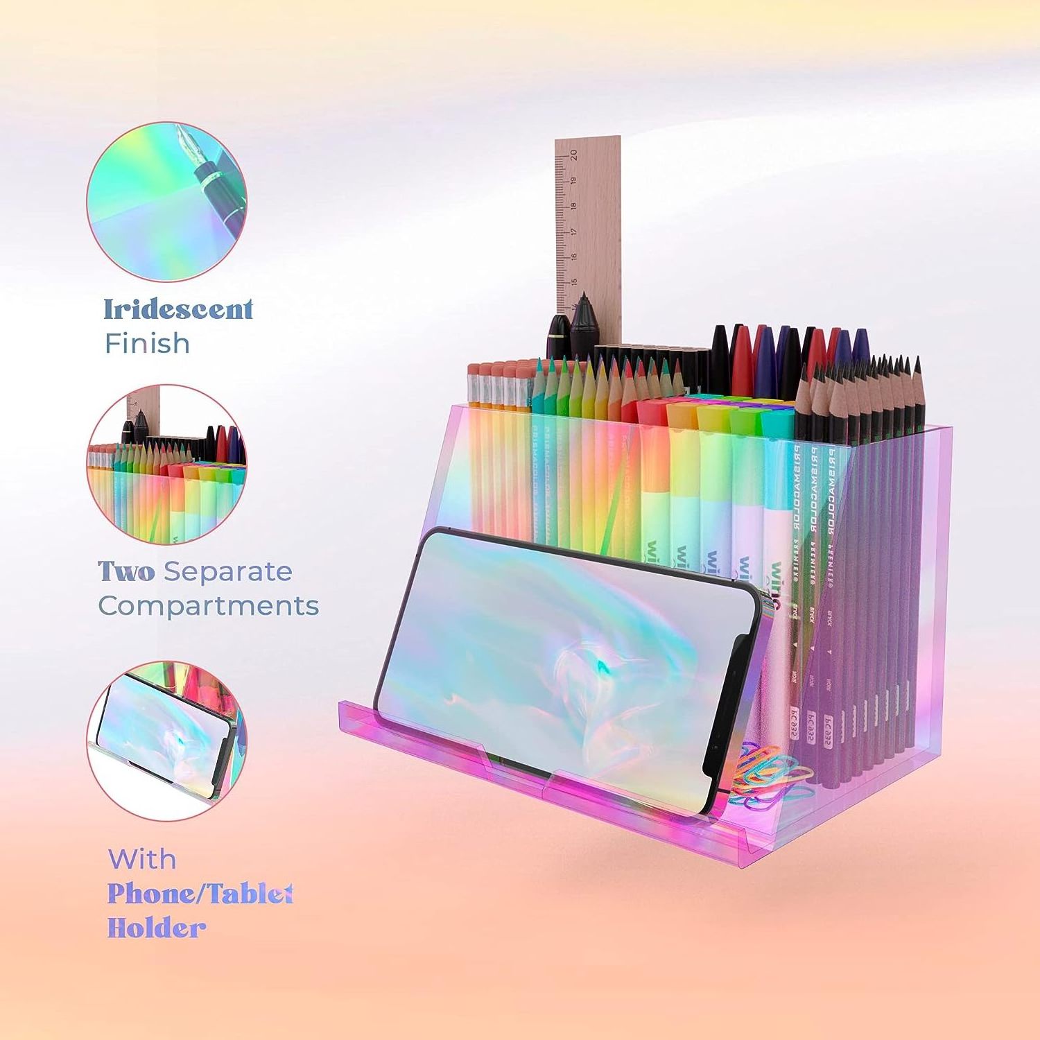 Acrylic Pen Holder Iridescent Office Desk Organizers Desk Organizer with Two Compartments Built in Phone Tablet Stand