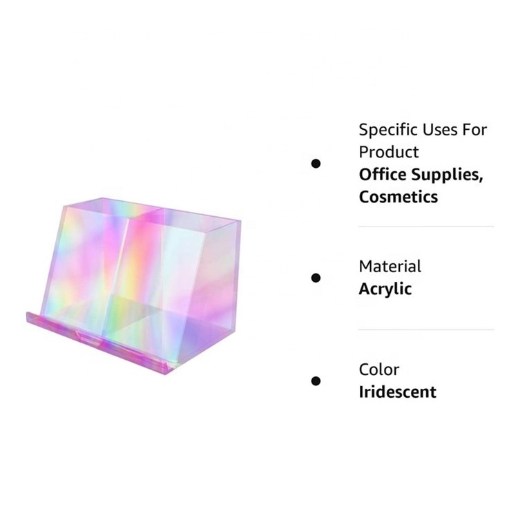 Simple Iridescent Acrylic Pen Holder with 2 Compartments Acrylic Desk Accessories Pencil Holder Makeup Brush holder for office