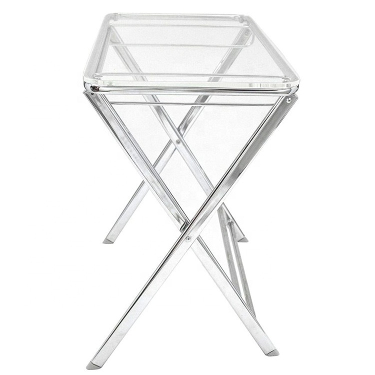 Modern Folding Side Table Accent Sofa End Acrylic Clear Table Tray Stackable Acrylic Square End Coffee Table with Chrome Legs