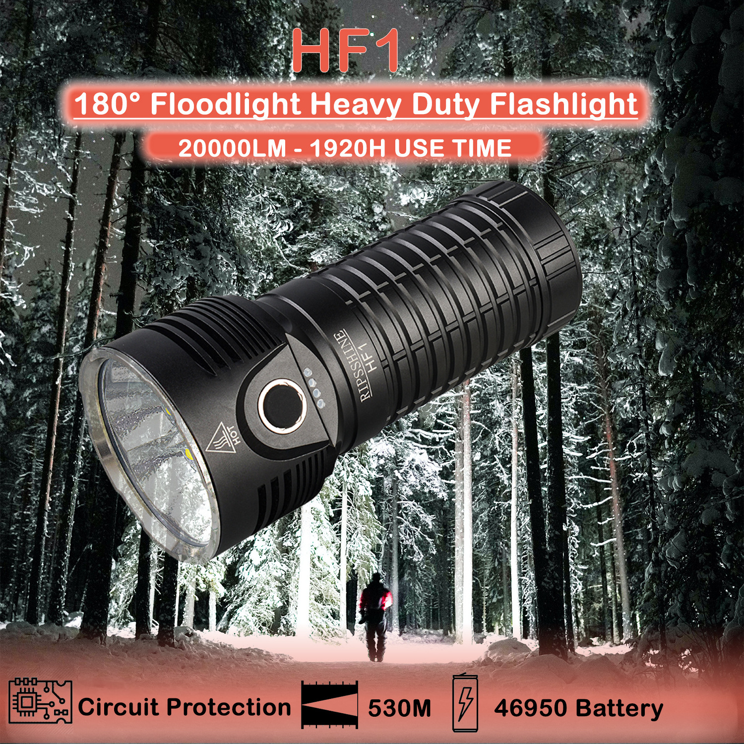 Ripsshine 20000Lm High Powerful Rescue Led Flashlight Long Range Outdoors Search Flashlight with fan