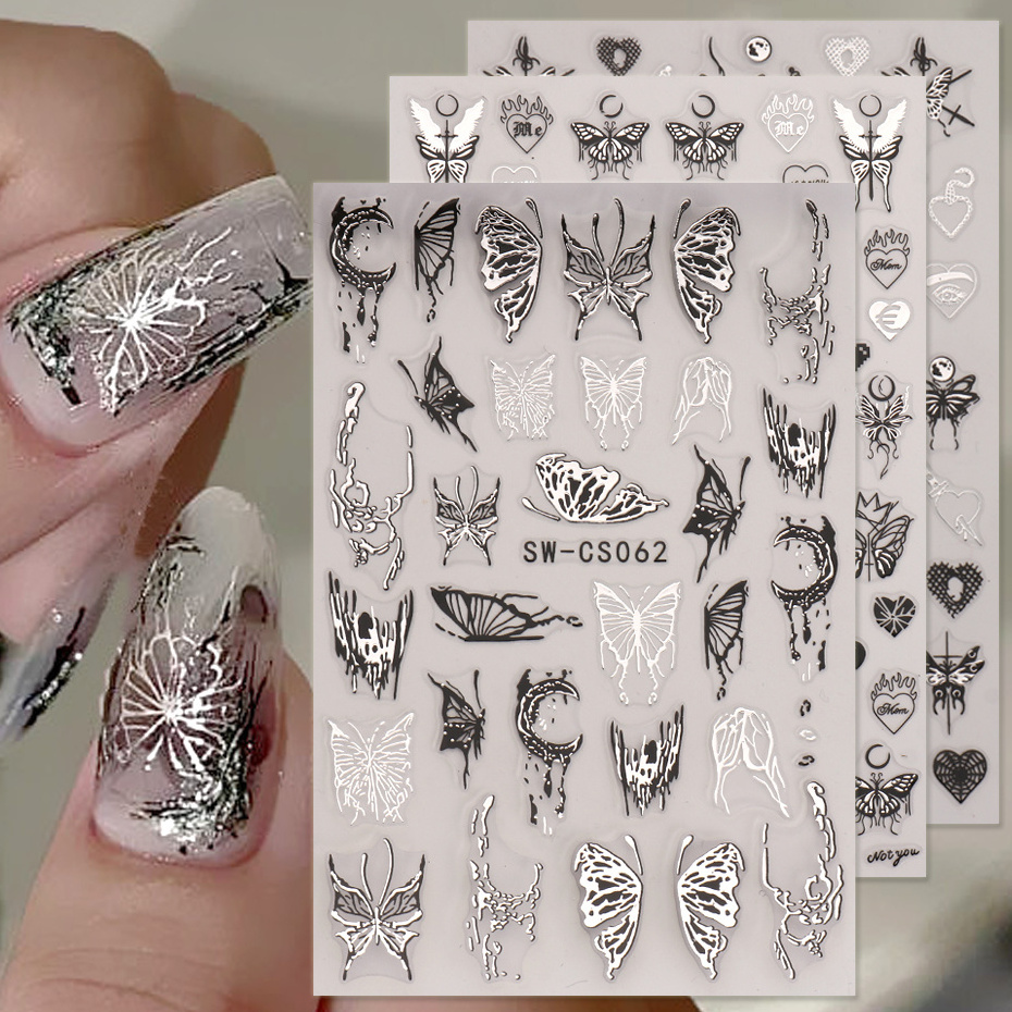 NEW Sliver Butterfly Nails Art Stickers Hollow Fuidity Fairy Butterfly Stars 3D Decal Manicure Holographic Bronzing Slider