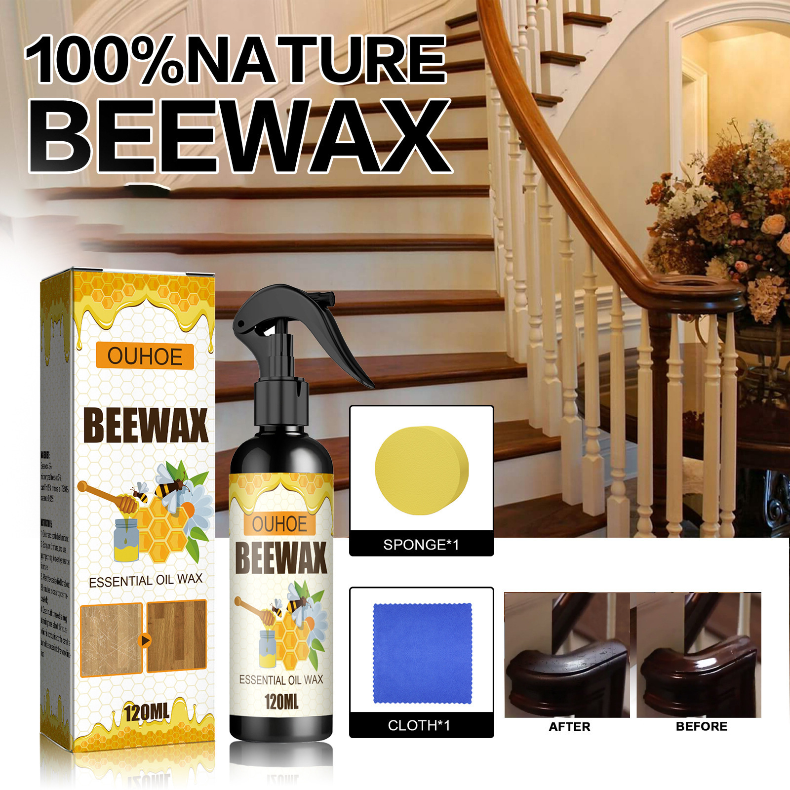 Natural Micro-Molecularized Beeswax Spray  Beeswax Spray Furniture Polish Molecularized Beeswax Spray (120 ml+sponge+cloth)