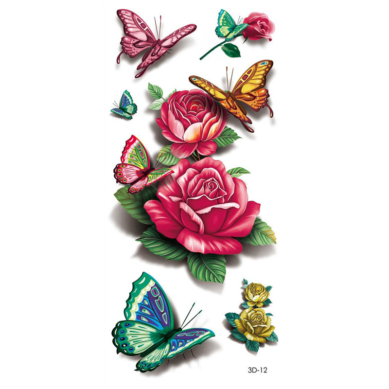 Women Body Art Tattoo Sticker 3D Butterfly Rose Flower Tattoo Waterproof Halloween Gift Temporary Tattoos Sticker