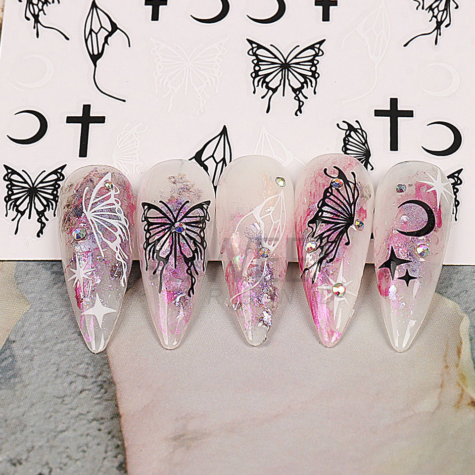 NEW Sliver Butterfly Nails Art Stickers Hollow Fuidity Fairy Butterfly Stars 3D Decal Manicure Holographic Bronzing Slider