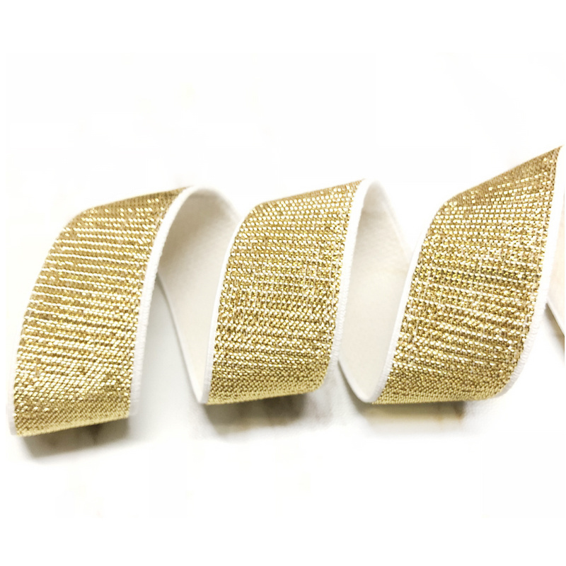 Top quality 25mm 30mm 35mm 40mm 50mm in stock attractive price gold shiny glitter nylon striped elastic band webbing for garment