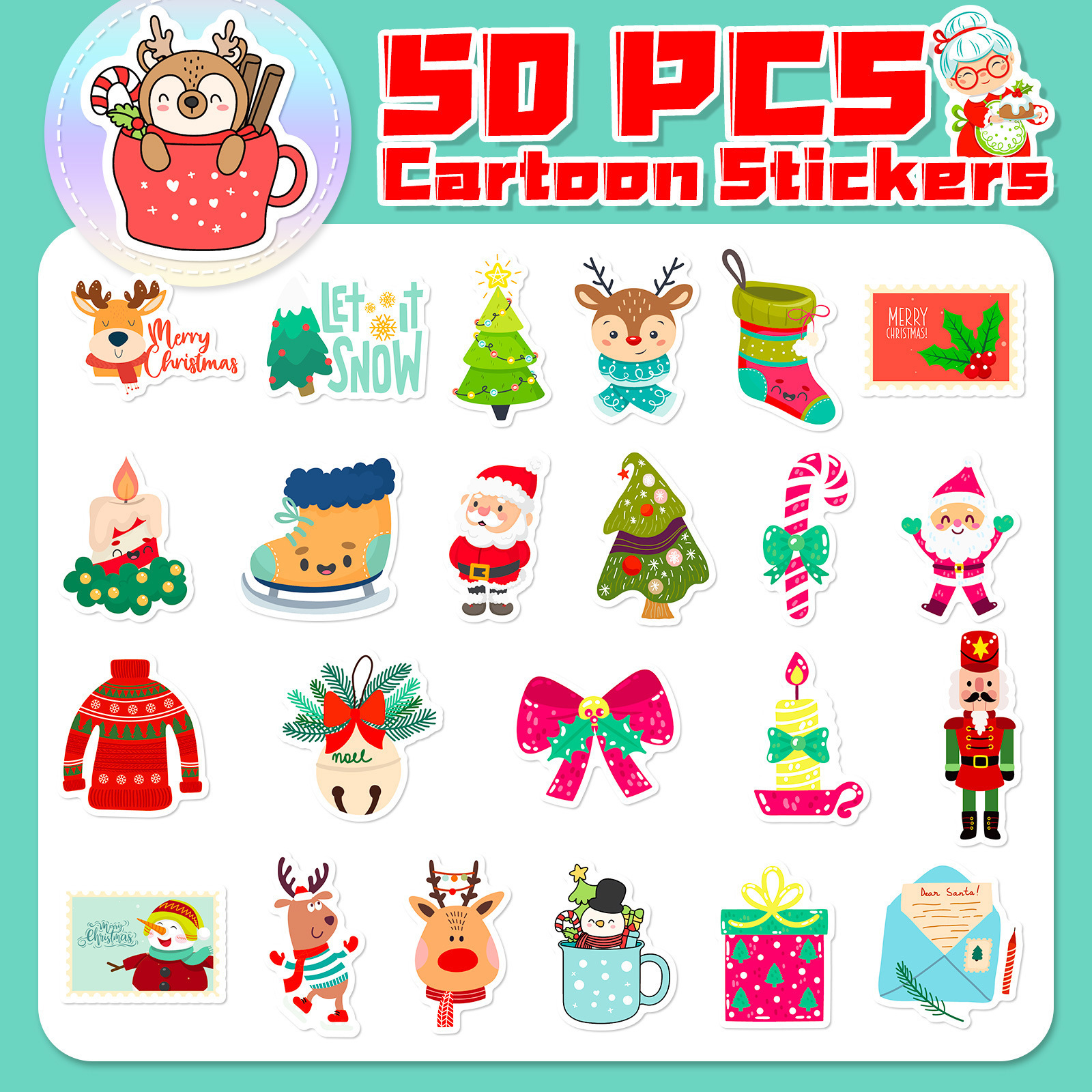 2023 New 50Pcs Christmas Pendant Cartoon Graffiti Stickers For Children Window Wall Vinyl Festival Decal Sticker