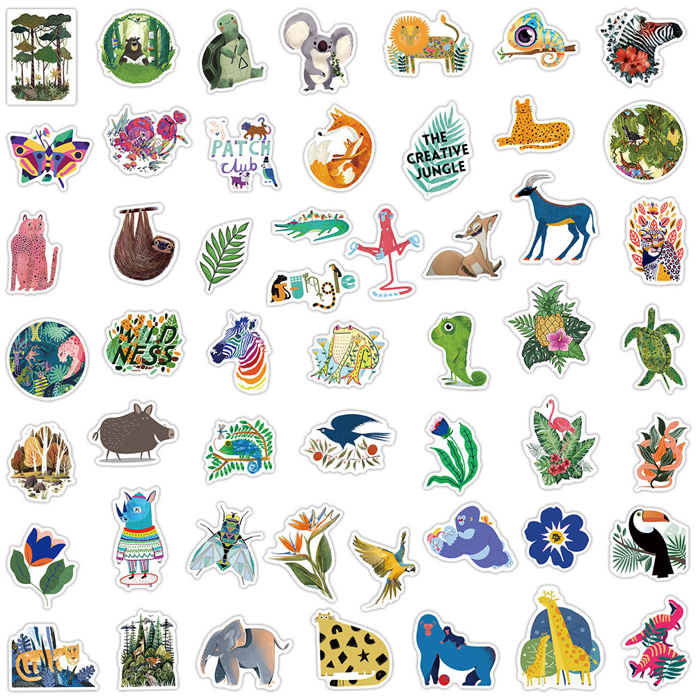 50Pcs Cartoon Forest Animals Jungle Green Graffiti Stickers For Wall Book Decor Children Art Painting Sticker