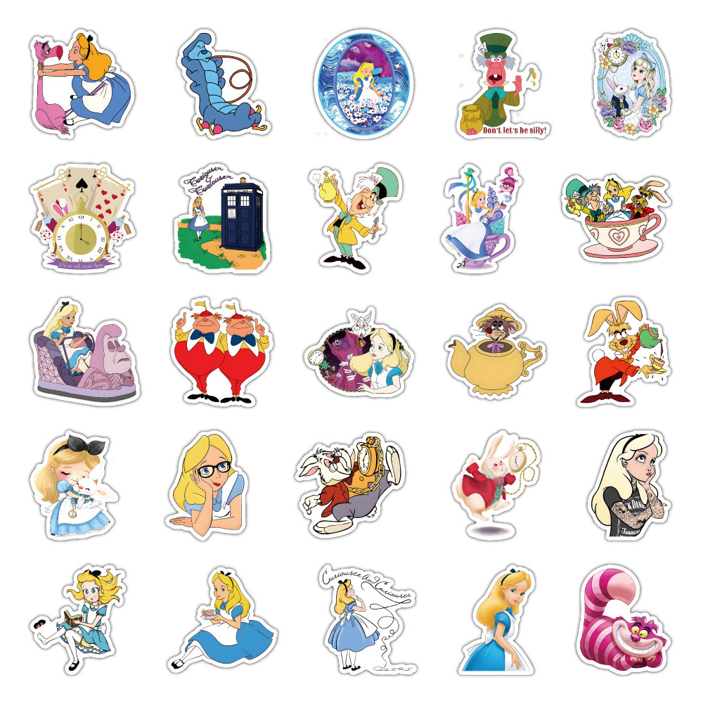 50Pcs Classic Cartoon Alice Wonderland Girl Kid Princess Cartoon Vinyl Stickers Book Wall Decor Waterproof fairy tale Sticker