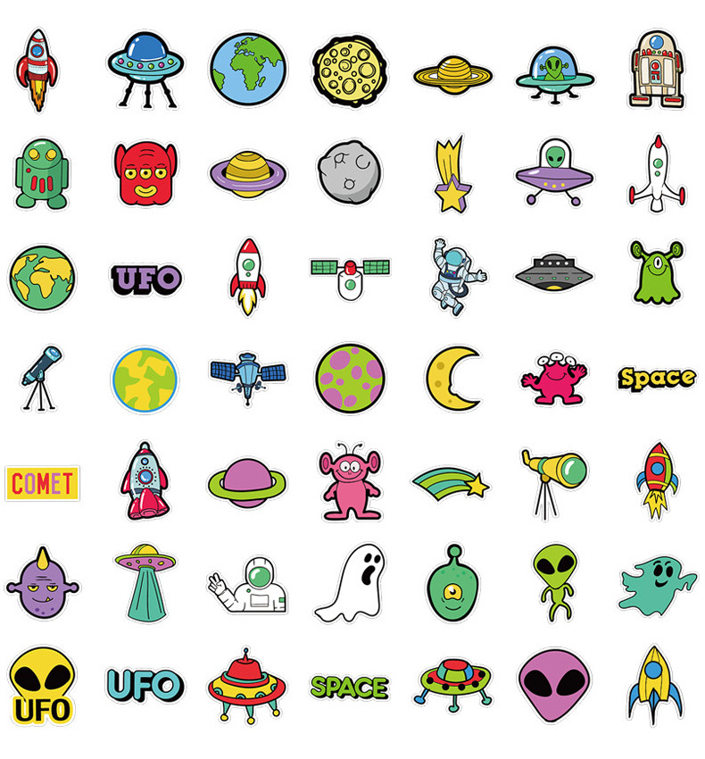 50Pcs Funny Cartoon Alien Rocket Decorative Stickers For Children Book Wall Vinyl Planet Space Sticker