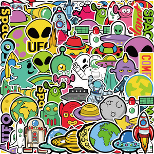 50Pcs Funny Cartoon Alien Rocket Decorative Stickers For Children Book Wall Vinyl Planet Space Sticker