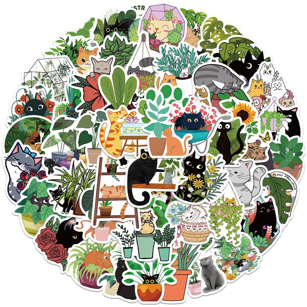 50Pcs Cartoon Cat and Plants Home Decorative Stickers Pack For Laptop Wall Car Vinyl Potted Plant Sticker