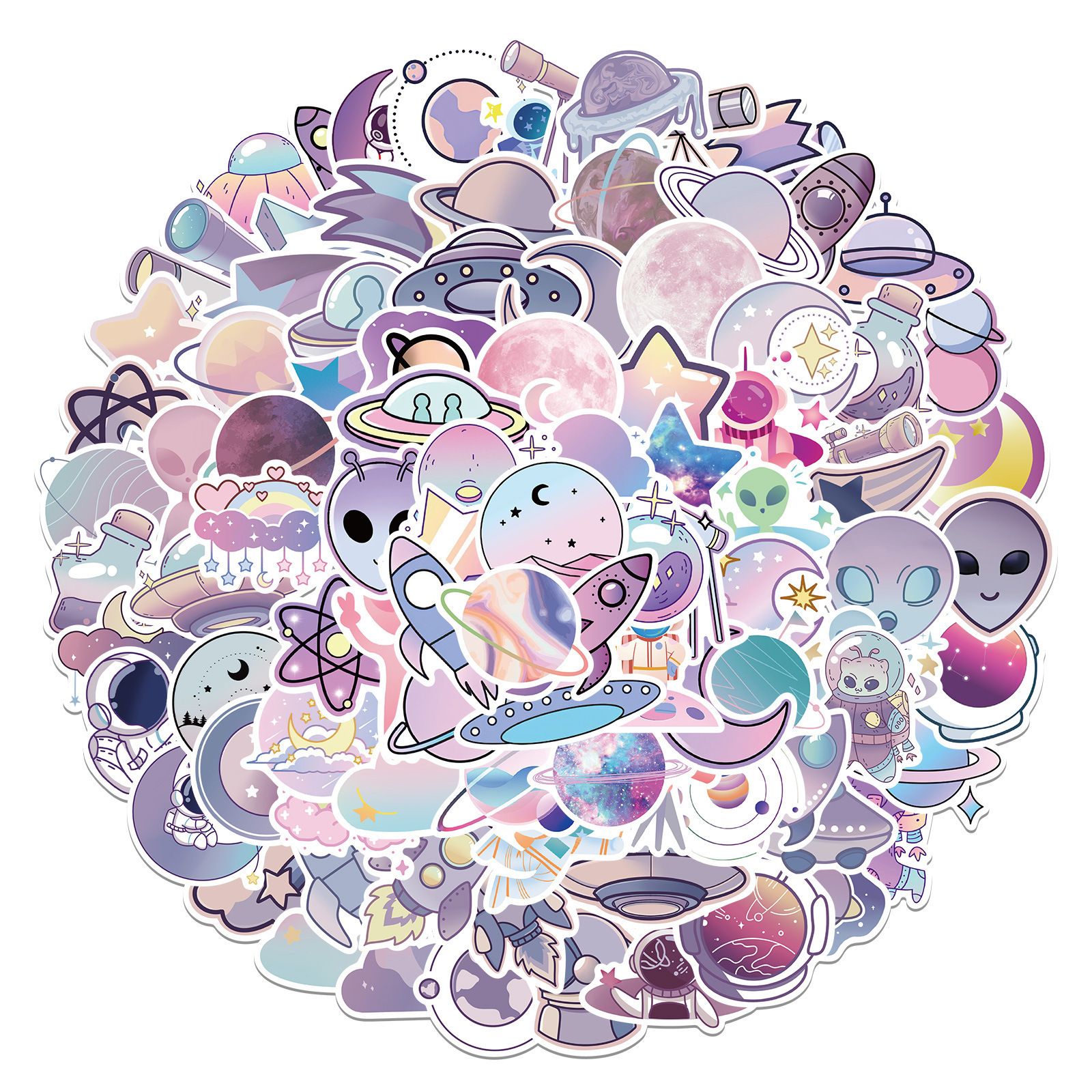 100Pcs Cartoon Purple VSCO Planet Aliens Graffiti Stickers For Book Bedroom Wall Vinyl Rocket Astronaut Sticker Pack