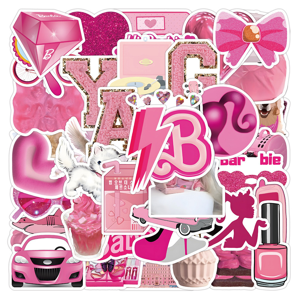 50Pcs Cute Barbie Pink Girl Graffiti Stickers For Home Wall Refrigerator Decor Vinyl Cool Beauty Make up Sticker