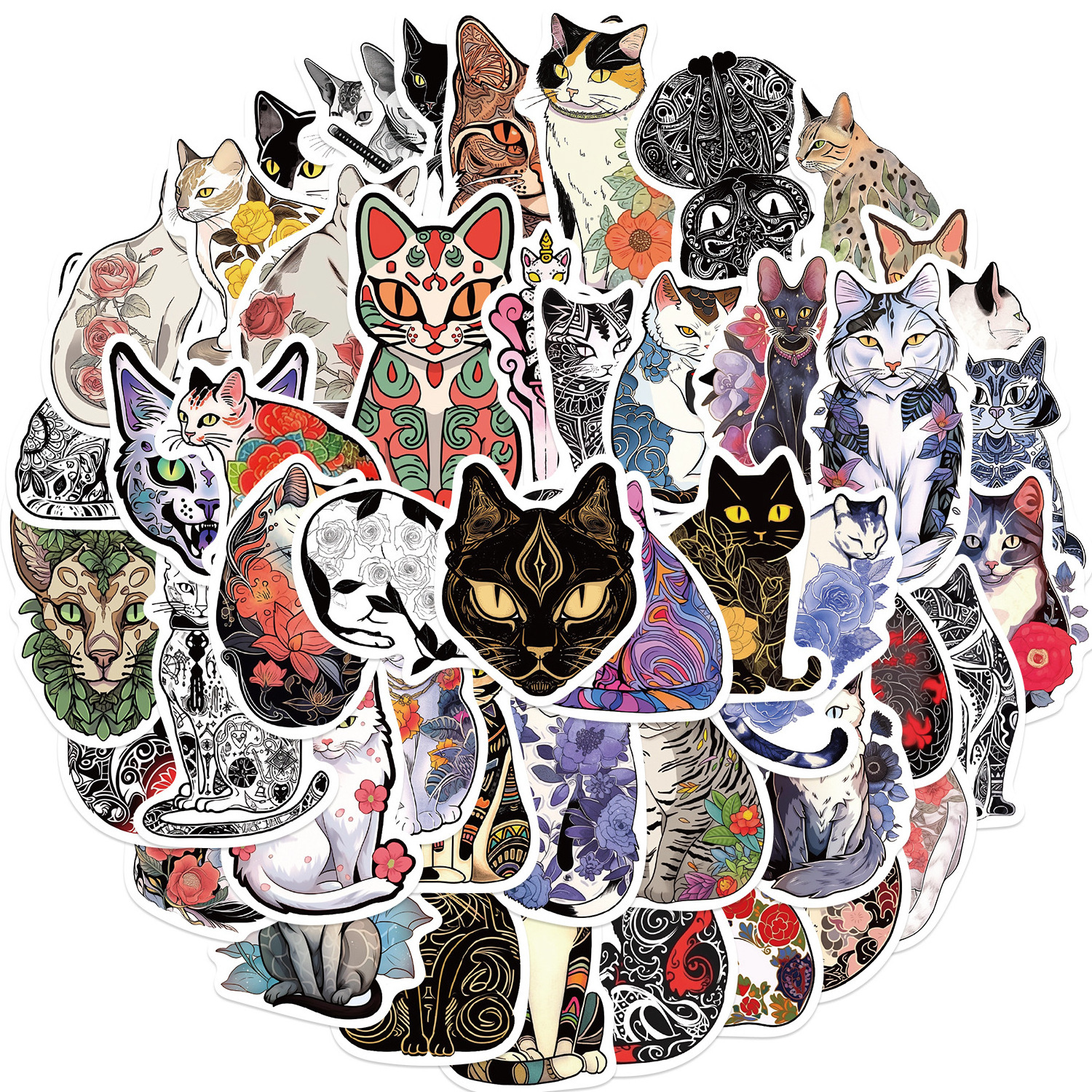 50Pcs Gothic Tattoo Cats Aesthetic Graffiti Stickers For Laptop Car Wall Vinyl Mysterious Beautiful Cat Sticker