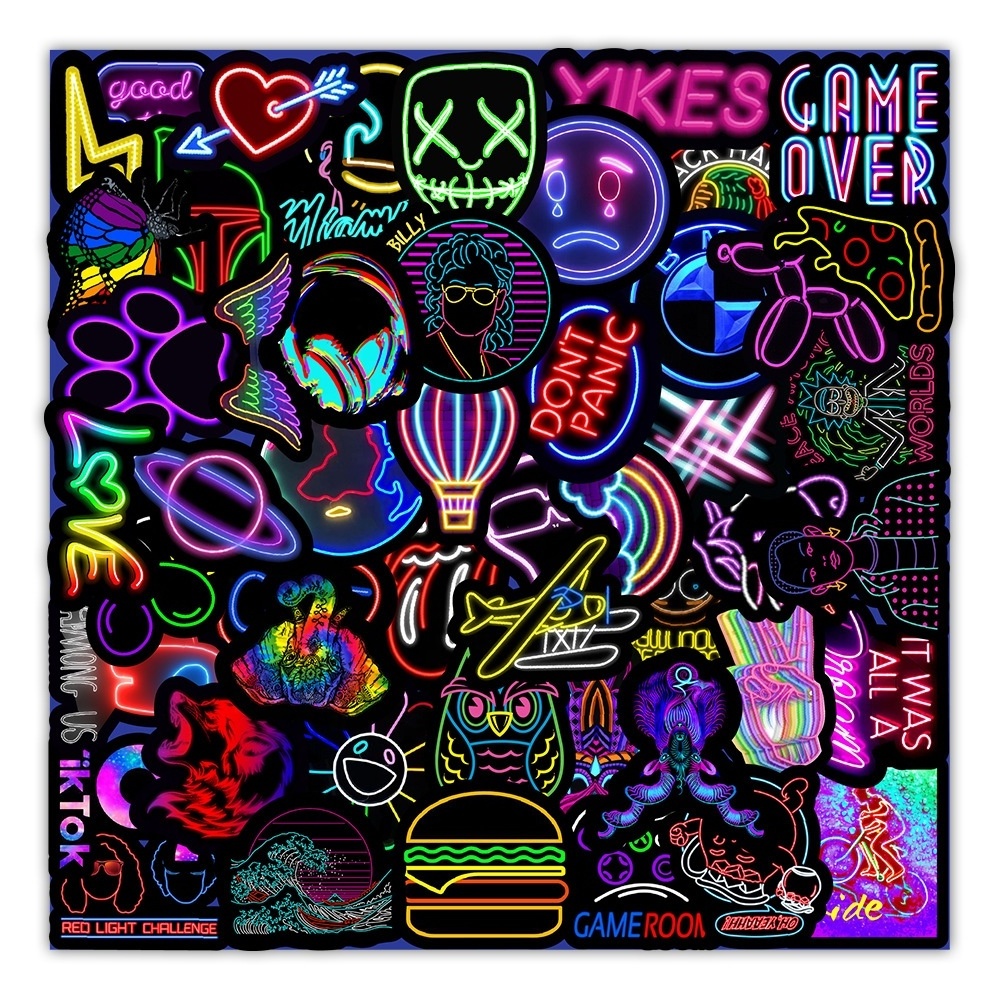 50Pcs Neon Light Colorful Tide Graffiti Sticker For Girl Notebook Skateboard Luggage Laptop Bottle Cup Vinyl Stickers