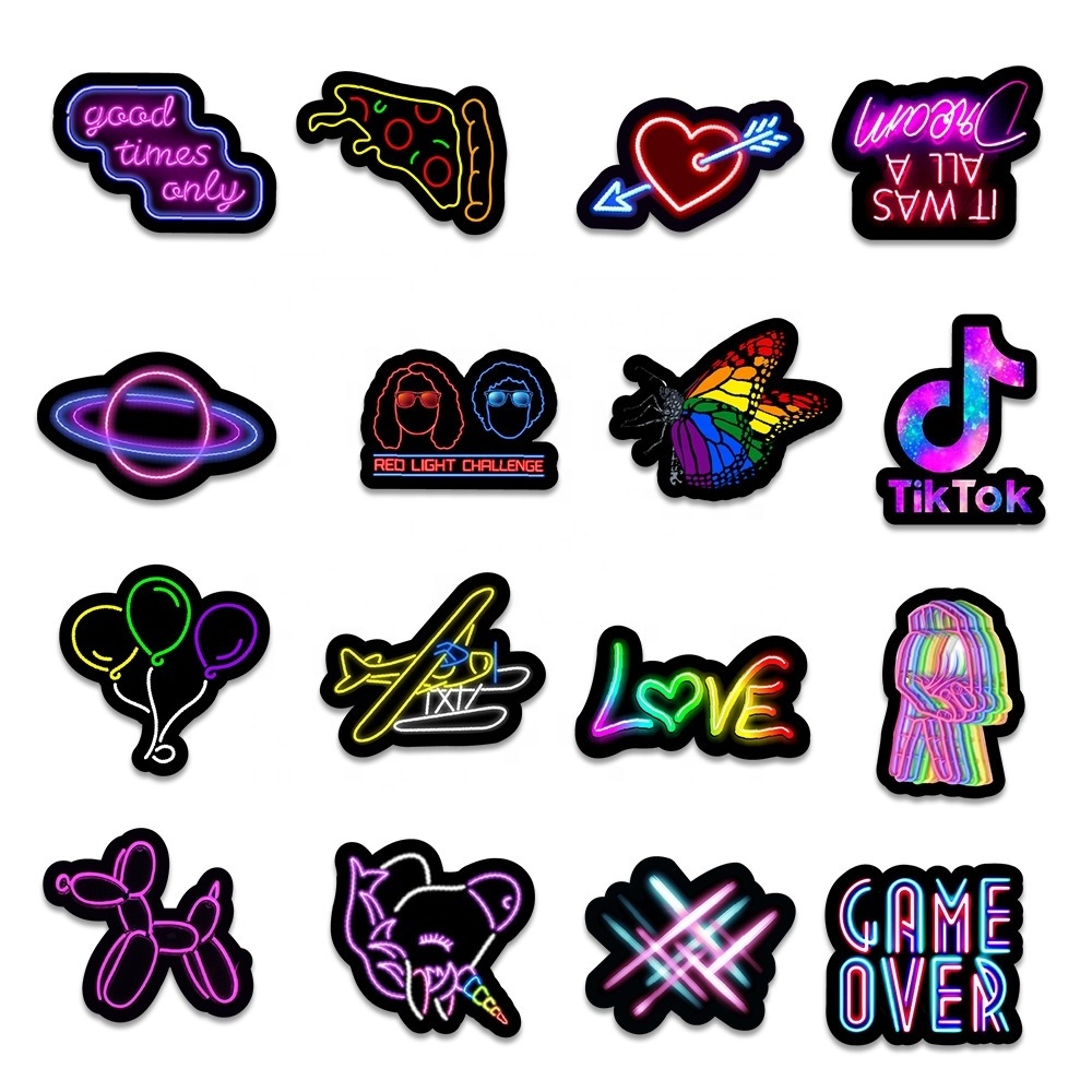 50Pcs Neon Light Colorful Tide Graffiti Sticker For Girl Notebook Skateboard Luggage Laptop Bottle Cup Vinyl Stickers