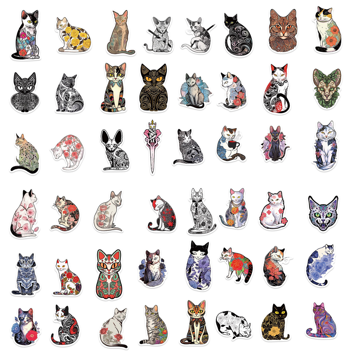 50Pcs Gothic Tattoo Cats Aesthetic Graffiti Stickers For Laptop Car Wall Vinyl Mysterious Beautiful Cat Sticker