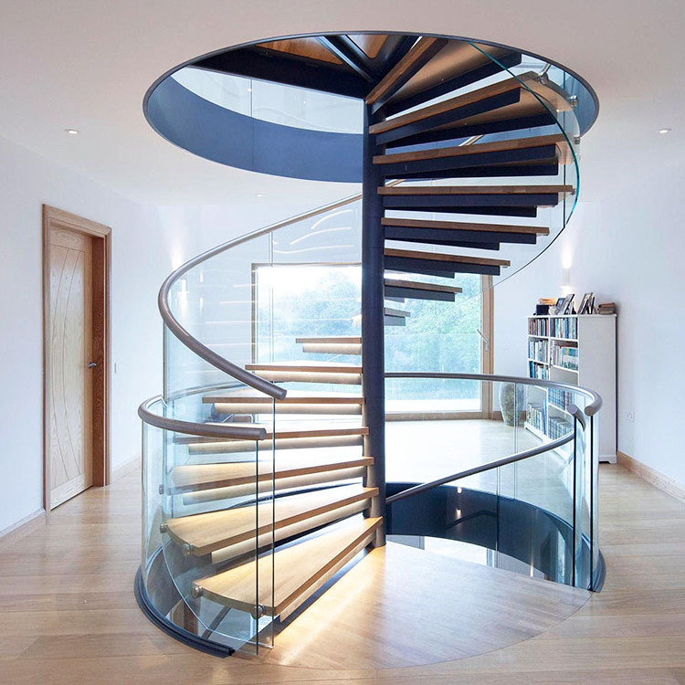 modern design iron steel round curved spiral staircase steps and glass handrail railing kit system for building indoor interior