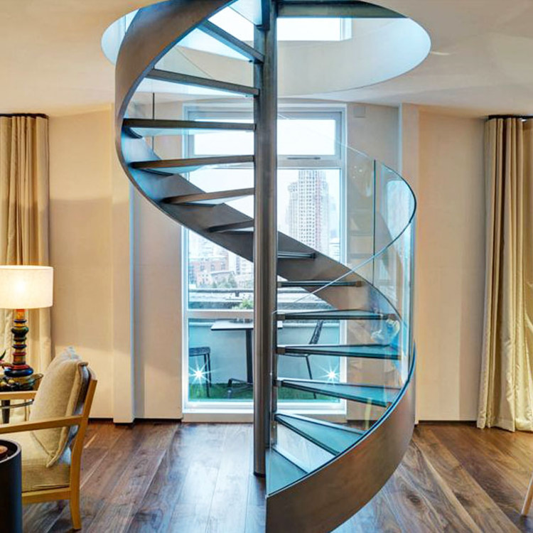 modern design iron steel round curved spiral staircase steps and glass handrail railing kit system for building indoor interior