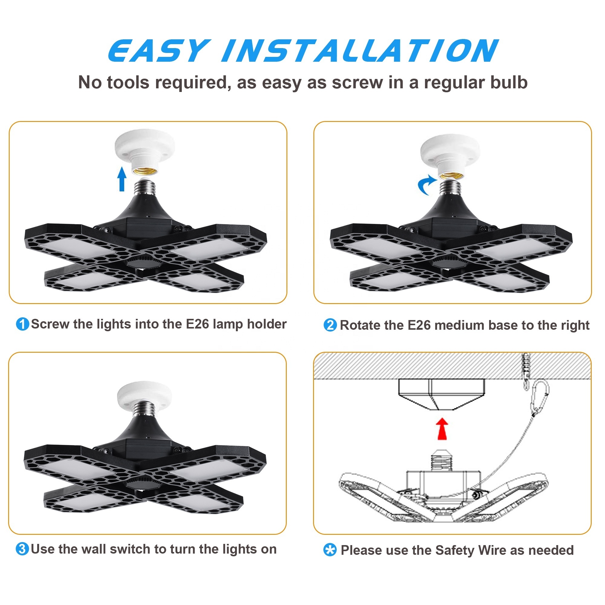 Factory ETL LED Garage Light Foldable Deformable Garage Ceiling light super bright  4 Panel garage led light ceiling adjustable