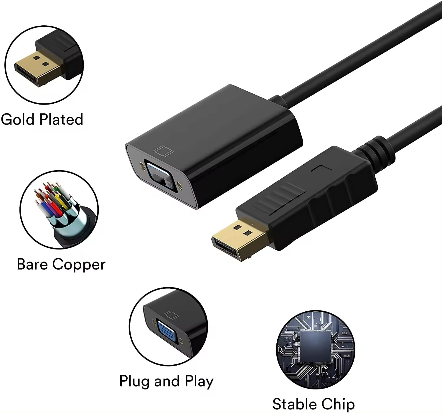 Audio Adapter Male to Female Monitor Projector Cable Black High Speed DP to VGA Adapter Gold Plated DP to VGA Converter