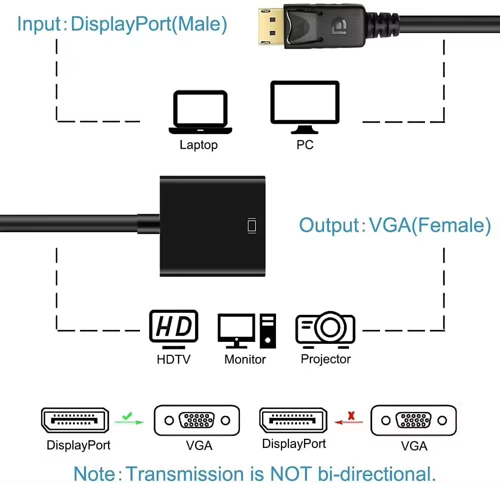 Audio Adapter Male to Female Monitor Projector Cable Black High Speed DP to VGA Adapter Gold Plated DP to VGA Converter