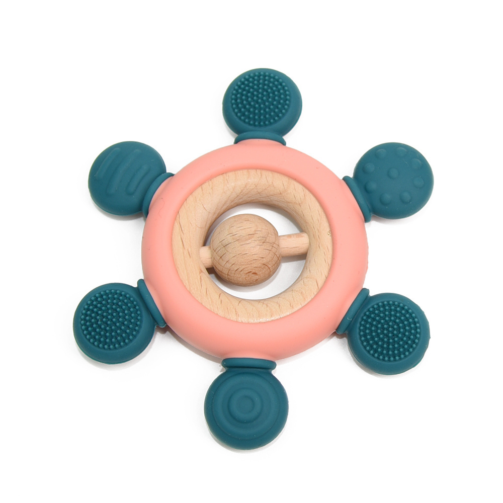 Beech Wooden Teether Bracelet Ring Organic Silicone Baby Teether Rudder Chew Toy Ring Silicone Wood Teether