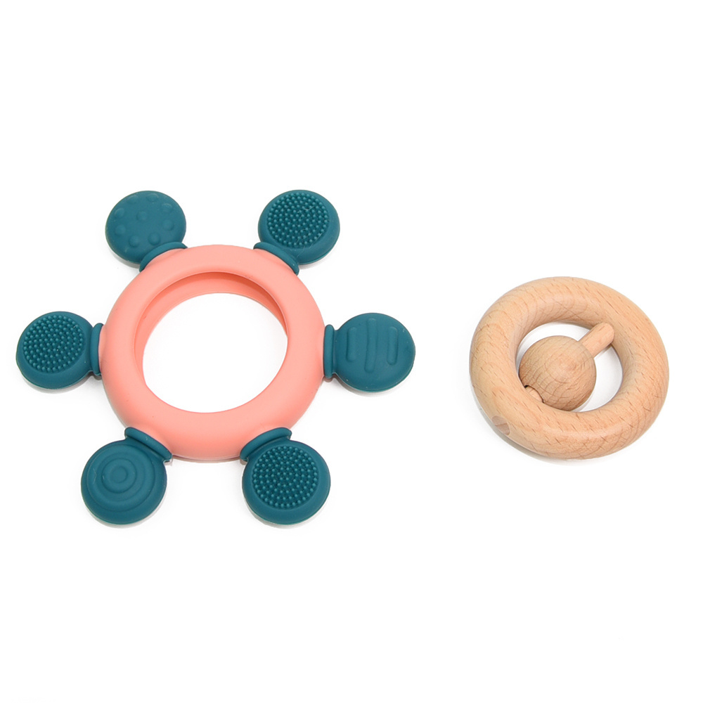 Beech Wooden Teether Bracelet Ring Organic Silicone Baby Teether Rudder Chew Toy Ring Silicone Wood Teether