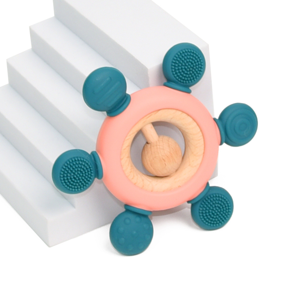 Beech Wooden Teether Bracelet Ring Organic Silicone Baby Teether Rudder Chew Toy Ring Silicone Wood Teether