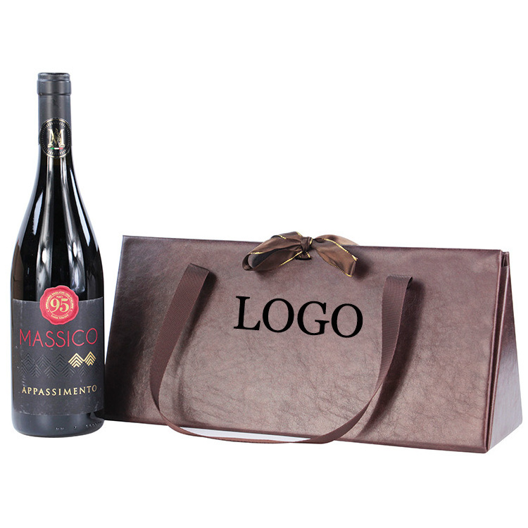 Custom Luxury PU Leather Wine Packaging Folding Gift Box with Ribbon Handle