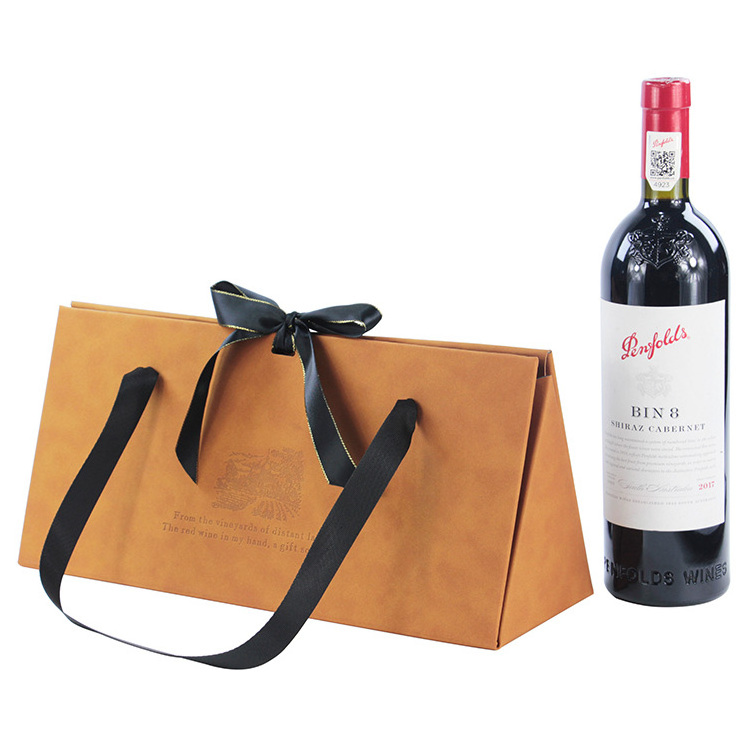 Custom Luxury PU Leather Wine Packaging Folding Gift Box with Ribbon Handle